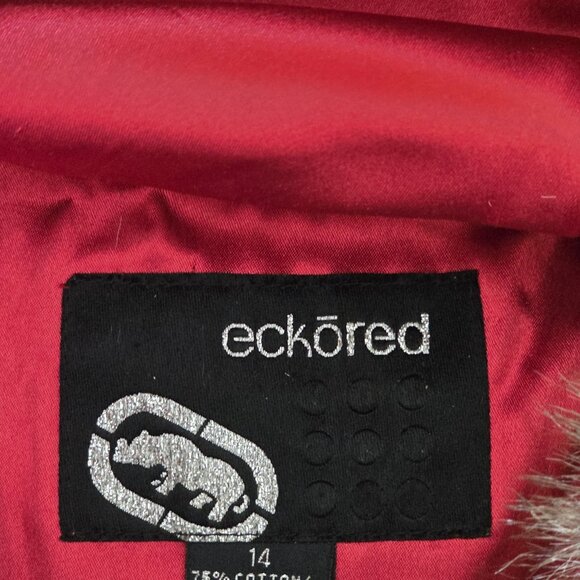 Vtg Ecko Red Jacket Women 14 Denim Faux Fur Hood No Pockets Lined Y2K Runs Small - Picture 3 of 16
